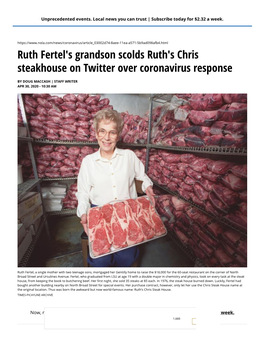 Ruth Fertel's Grandson Scolds Ruth's Chris Steakhouse on Twitter Over Coronavirus Response