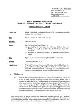 RNTPC Paper No. A/ST/982B for Consideration by the Rural and New Town Planning Committee on 22.1.2021 APPLICATION for PERMISSION