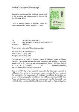 Knowledge and Demand for Medicinal Plants Used in the Treatment and Management of Diabetes in Nyeri County, Kenya