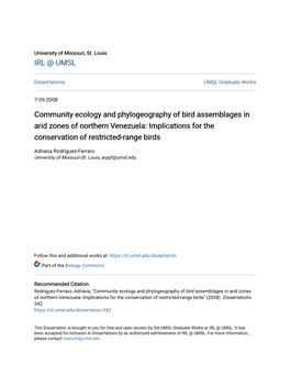 Community Ecology and Phylogeography of Bird Assemblages in Arid Zones of Northern Venezuela: Implications for the Conservation of Restricted-Range Birds