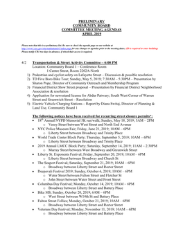 Preliminary Community Board Committee Meeting Agendas April 2019