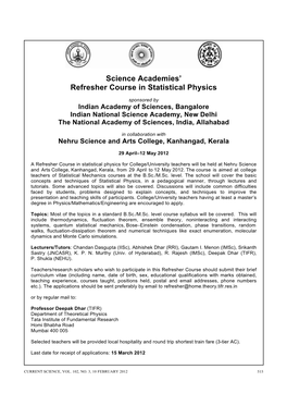 Science Academies' Refresher Course in Statistical Physics