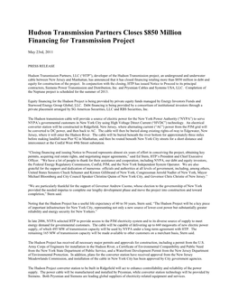 Hudson Transmission Partners Closes $850 Million Financing for Transmission Project