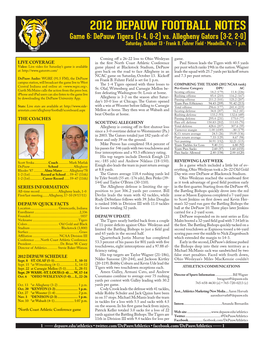 2012 DEPAUW FOOTBALL NOTES Game 6: Depauw Tigers (1-4, 0-2) Vs