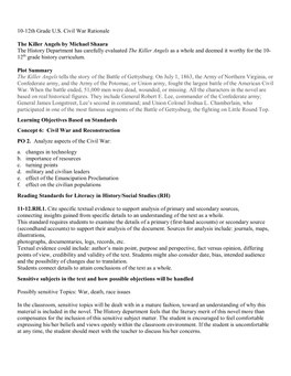 10-12Th Grade U.S. Civil War Rationale the Killer Angels by Michael Shaara the History Department Has Carefully Evaluated the Ki