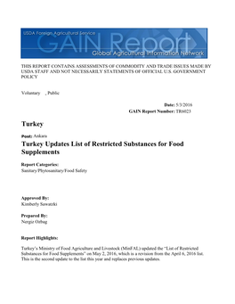 Turkey Updates List of Restricted Substances for Food