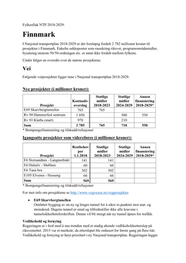 Finnmark I Nasjonal Transportplan 2018-2029 Er Det Foreløpig Fordelt 2 782 Millioner Kroner Til Prosjekter I Finnmark