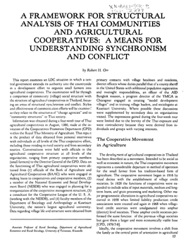 A FRAMEWORK for STRUCTURAL ANALYSIS of THAI COMMUNITIES and AGRICULTURAL COOPERATIVES: a MEANS for UNDERSTANDING Syl'lciironism and CONFLICT