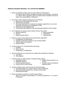 Obstetrics Simulation Workshop- Pre- and Post-Test ANSWERS