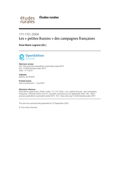 Études Rurales, 171-172 | 2004, « Les « Petites Russies » Des Campagnes Françaises » [Online], Online Since 01 July 2004, Connection on 22 September 2020