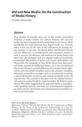 Intermediality As a Tool for Aesthetic Analysis and Critical Reflection, Edited by Sonya Petersson, Christer Johansson, Magdalena Holdar, and Sara Callahan, 375–406