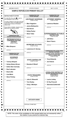 SAMPLE REPUBLICAN PRIMARY BALLOT Northeast