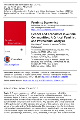 Gender and Economics in Muslim Communities: a Critical Feminist and Postcolonial Analysis Ebru Kongara, Jennifer C