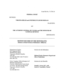 MOTION RECORD of the DEFENDANTS (Motion to Strike Portions of Defendants' Affidavits)