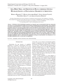 Age, Body Size, and Growth of Boana Cordobae (Anura: Hylidae) Along an Elevational Gradient in Argentina