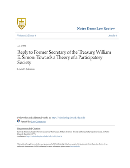 Reply to Former Secretary of the Treasury, William E. Simon: Towards a Theory of a Participatory Society Lewis D