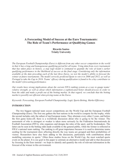 A Forecasting Model of Success at the Euro Tournaments: the Role of Team’S Performance at Qualifying Games