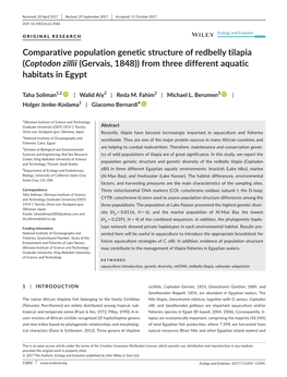 Comparative Population Genetic Structure of Redbelly Tilapia (Coptodon Zillii (Gervais, 1848)) from Three Different Aquatic Habitats in Egypt