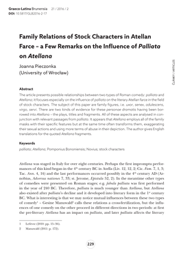 Family Relations of Stock Characters in Atellan Farce – a Few Remarks on the Influence of Palliata on Atellana