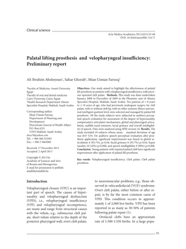 Palatal Lifting Prosthesis and Velopharyngeal Insufficiency: Preliminary Report