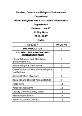 Tourism, Culture and Religious Endowments Department Hindu Religious and Charitable Endowments Department Demand No.47 Policy Note 2016-2017 Index