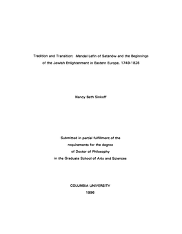 Tradition and Transition: Mendel Lefin of Satandw and the Beginnings of the Jewish Enlightenment in Eastern Europe, 1749-1826 Na