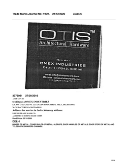 Trade Marks Journal No: 1979 , 21/12/2020 Class 6 3373091 27/09