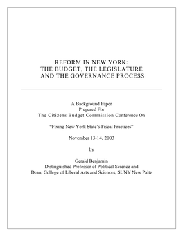 Reform in New York: the Budget, the Legislature and the Governance Process