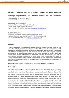 Gender Exclusion and Local Values Versus Universal Cultural Heritage Significance: the Avaton Debate on the Monastic Community of Mount Athos