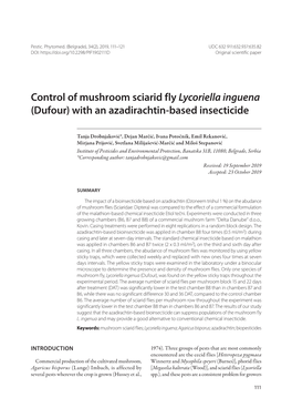 Control of Mushroom Sciarid Fly Lycoriella Inguena (Dufour) with an Azadirachtin-Based Insecticide