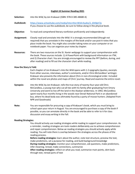 English 10 Summer Reading 2021 Selection: Into the Wild, by Jon Krakauer (ISBN: 978-0-385-48680-4) Audiobook