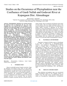 Studies on the Occurrence of Phytoplankton Near the Confluence of Gardi Nallah and Godavari River at Kopargaon Dist