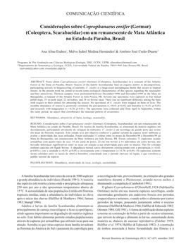 Considerações Sobre Coprophanaeus Ensifercomunicação (Germar) CIENTÍFICA 427