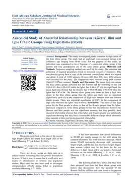 Analytical Study of Ancestral Relationship Between Ikwerre, Bini and Igbo Ethnic Groups Using Digit Ratio (2D:4D)