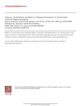 Judiciary, Social Reform and Debate on 'Religious Prostitution' in Colonial India Author(S): Kalpana Kannabiran Source: Economic and Political Weekly, Vol