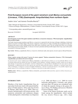 First European Record of the Giant Ramshorn Snail Marisa Cornuarietis (Linnaeus, 1758) (Gastropoda: Ampullariidae) from Northern Spain