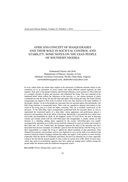 Africans Concept of Masquerades and Their Role in Societal Control and Stability: Some Notes on the Esan People of Southern Nigeria