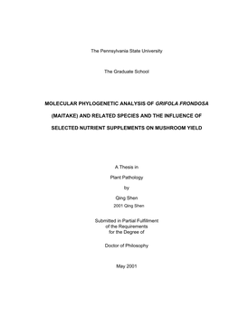 Molecular Phylogenetic Analysis of Grifola Frondosa (Maitake) and Related Species and the Influence of Selected Nutrient Supplem