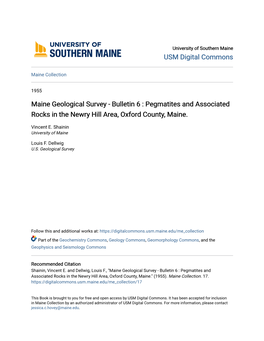 Pegmatites and Associated Rocks in the Newry Hill Area, Oxford County, Maine