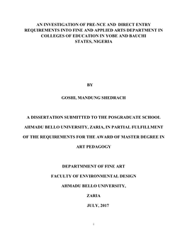 An Investigation of Pre-Nce and Direct Entry Requirements Into Fine and Applied Arts Department in Colleges of Education in Yobe and Bauchi States, Nigeria