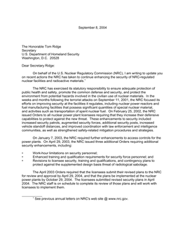 Letter to Tom Ridge Provides an Update of Actions the NRC Has