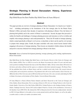 Strategic Planning in Brunei Darussalam: History, Experience and Lessons Learned Haji Mohd Rozan Bin Dato Paduka Haji Mohd Yunos & Ivana Milojević