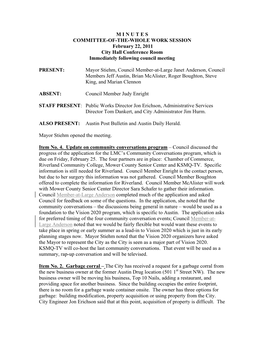 M I N U T E S COMMITTEE-OF-THE-WHOLE WORK SESSION February 22, 2011 City Hall Conference Room Immediately Following Council Meeting