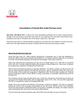 Cancellation of Honda Brio India Preview Event