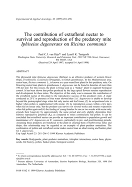 The Contribution of Extrafloral Nectar to Survival and Reproduction of The