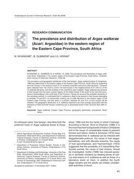 The Prevalence and Distribution of Argas Walkerae (Acari: Argasidae) in the Eastern Region of the Eastern Cape Province, South Africa