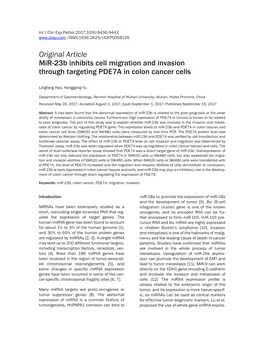 Original Article Mir-23B Inhibits Cell Migration and Invasion Through Targeting PDE7A in Colon Cancer Cells