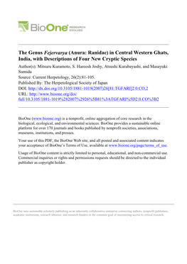 The Genus Fejervarya (Anura: Ranidae) in Central Western Ghats, India, with Descriptions of Four New Cryptic Species Author(S): Mitsuru Kuramoto, S