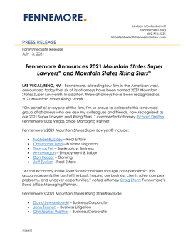 Fennemore Announces 2021 Mountain States Super Lawyers and Mountain States Rising Stars