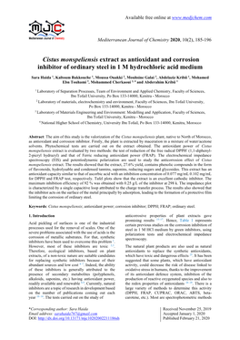 Cistus Monspeliensis Extract As Antioxidant and Corrosion Inhibitor of Ordinary Steel in 1 M Hydrochloric Acid Medium